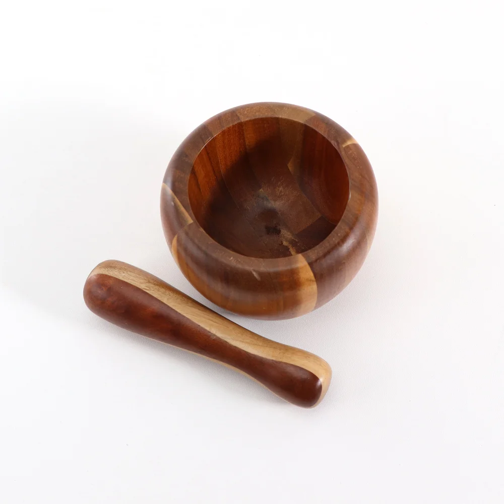 Kitchen Tools Wood Grinding Pinch Bowl Natural Bamboo Mortar And Pestle Set