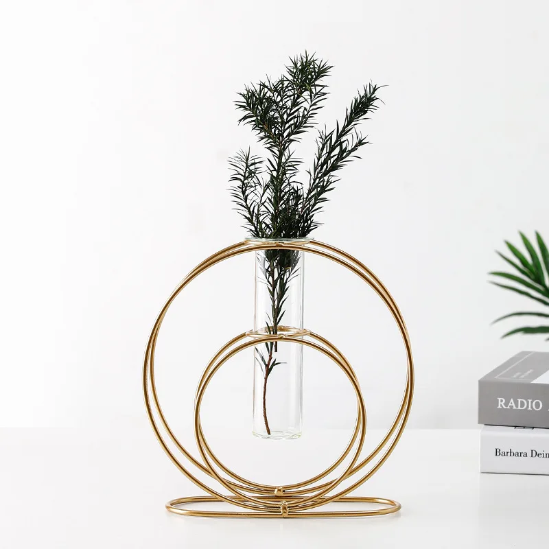 Simplicity Geometry Wrought Iron Metal Framed Transparent Glass Hydroponics Vase For Wedding Home Decoration