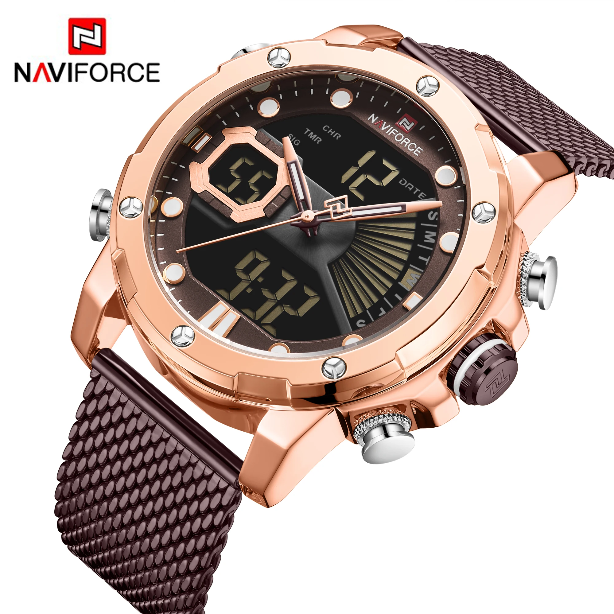 Мужские спортивные часы NAVIFORCE 9172 роскошные золотистые кварцевые Стальные водонепроницаемые цифровые наручные мужские