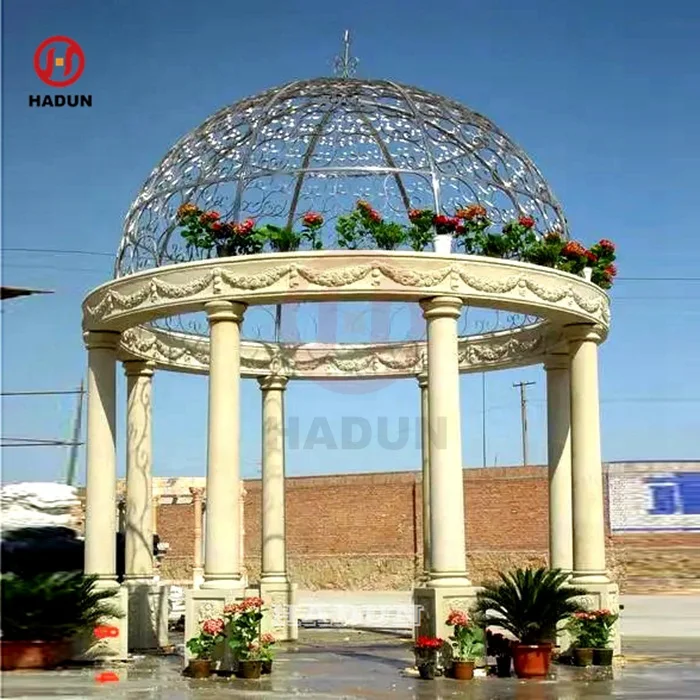 Outdoor Garden Beige Sandstone Marble Gazebo with Iron Roof