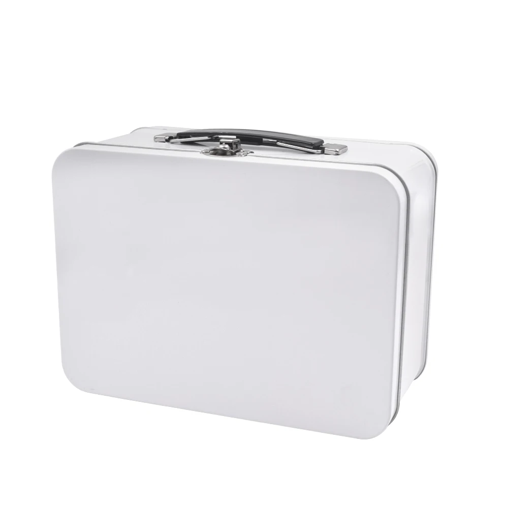 
White Plastic Handle Lunch Tin Metal Box 