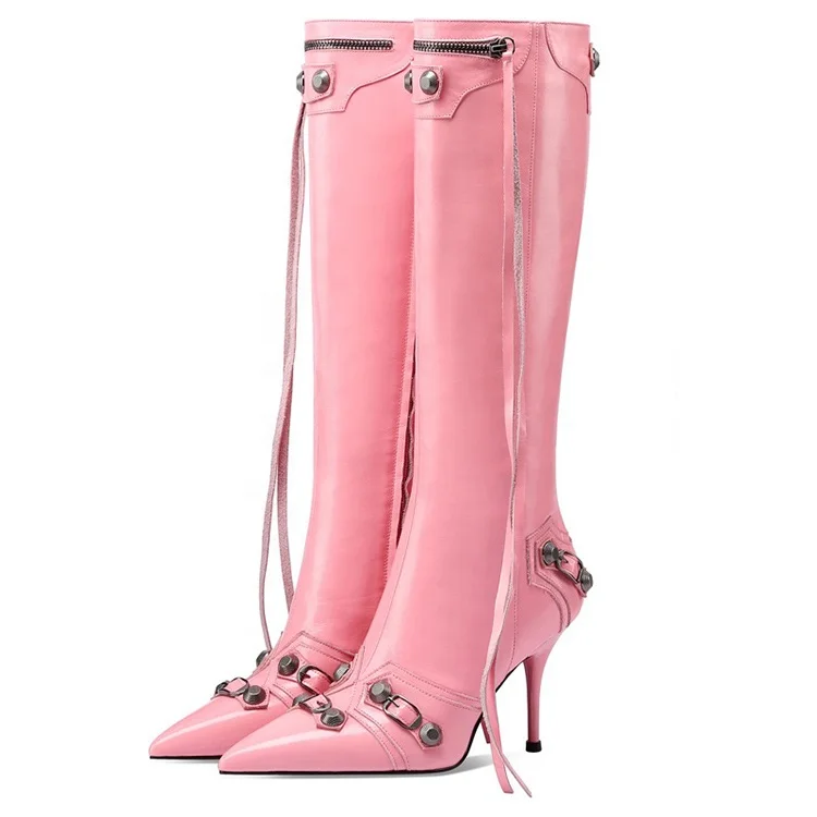 Custom calf height pointy toe high heel ankle boots spikes zipper European ankle boots shoes