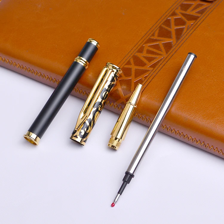 Classical Gold Pattern Metal Roller Pen High Quality Luxury Matte Black Gel Pen Custom Advertising Business Hotel Gift Pen
