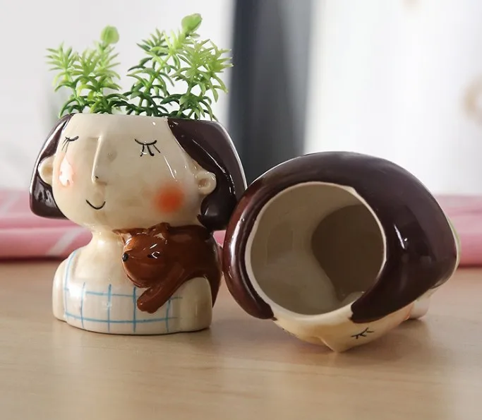 mini ceramic bust girl face vase plant flower pot girl
