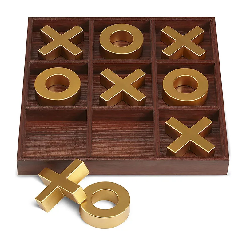 Gold 10-Piece Premium Solid Wood Tic-Tac-Toe Board Game Party Set Toy for Children House Warming Gift