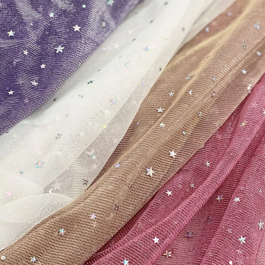 indian textile China moonlight silk soft light weight rib white bonding star moon sequin sheer fabric