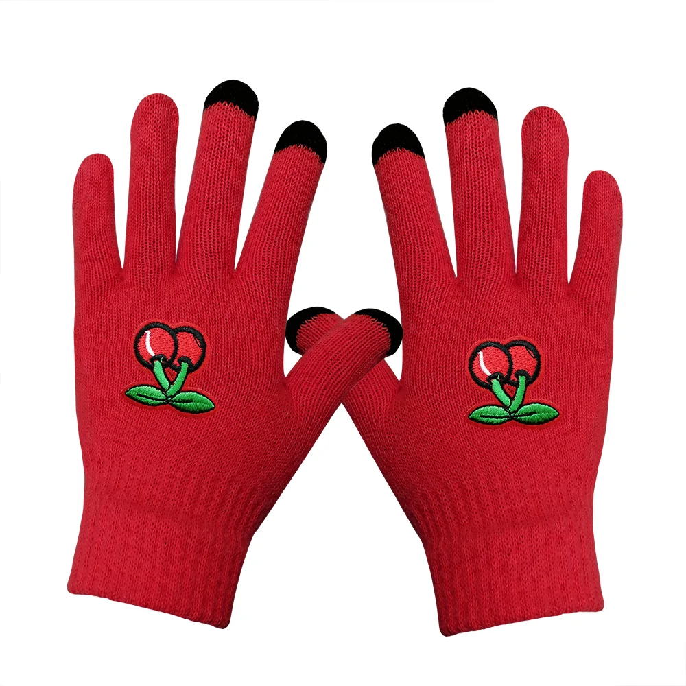Детские акриловые вязаные Волшебные Стрейчевые перчатки для сенсорного экрана с вышивкой фруктов вишни
