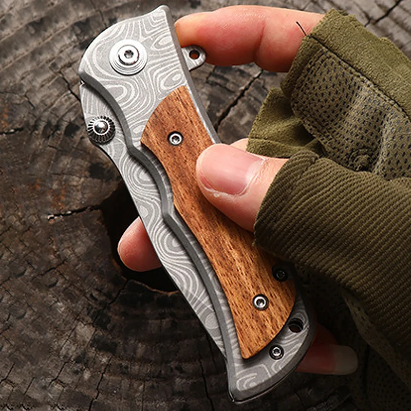 Olive Wood Handle Knife Pocket Damascus Laser Engraved Knife Pocket  Custom Outdoor Hunting Camping Survival Folding Knife