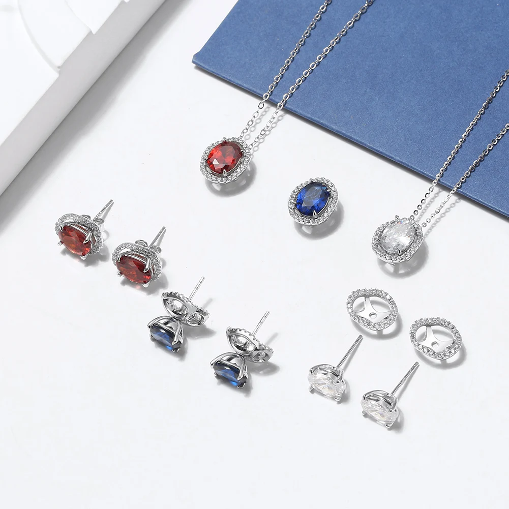 RINNTIN EQE77+EQN48 Classic 925 Sterling Silver Jewelry Set Garnet Necklace Earrings Set