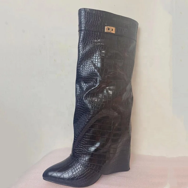 Ins Hot Spring Winter Great Quality Crocodile Print Upper Shoes Booty Knee High Pointy Toe Over-lay Side Zip Women Boots 43