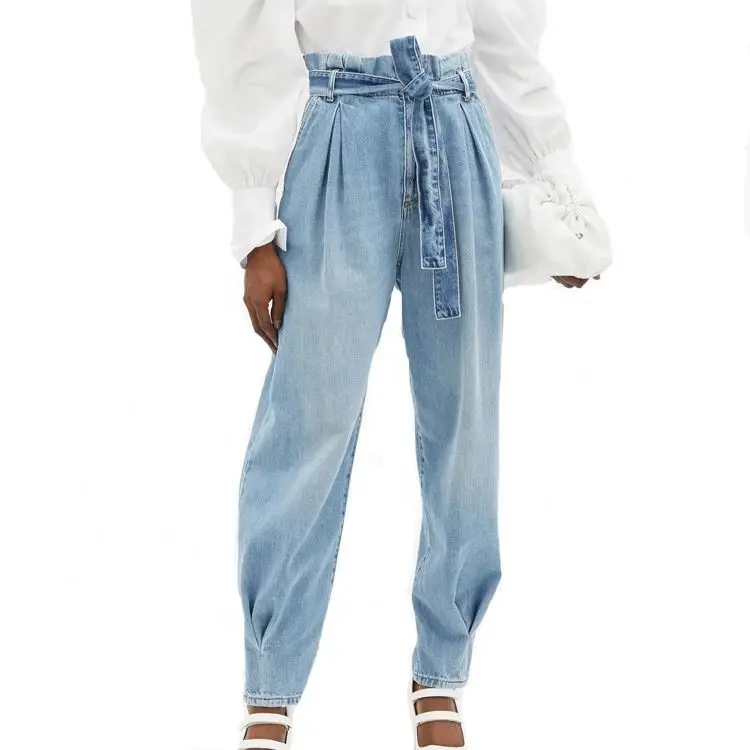 Custom Paper Bag Waist Tapered Leg Jeans Washed Light Blue Women Fashion Belted Jeans