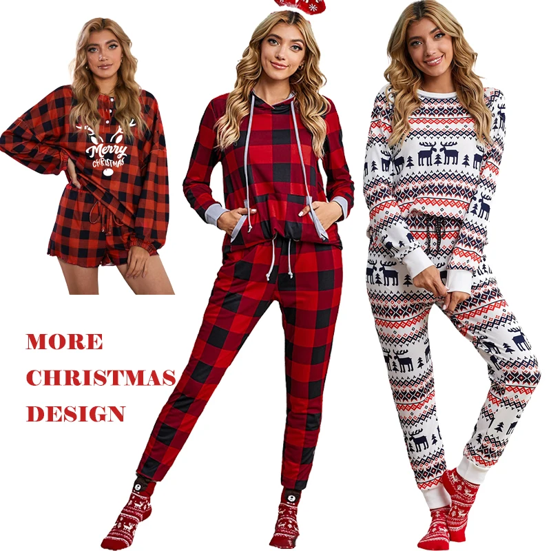 2021 New Arrive Winter Long Sleeve sleepwear Set Cotton Plaid xmas Christmas pyjamas pjs Pajamas pijamas For Women