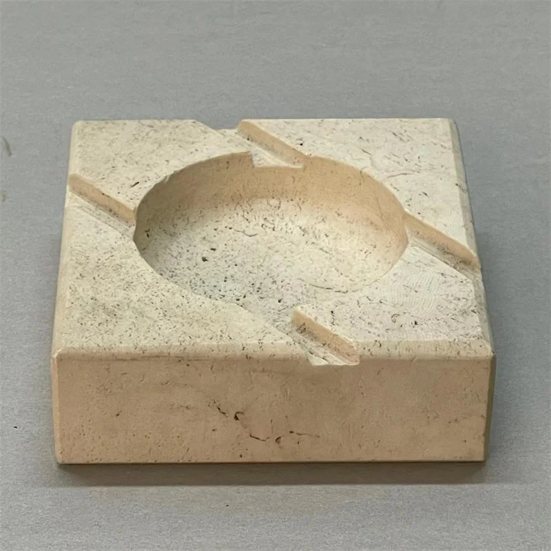 Vintage Beige Travertine Square Marble Stone Cigar Ashtray Honed Surface