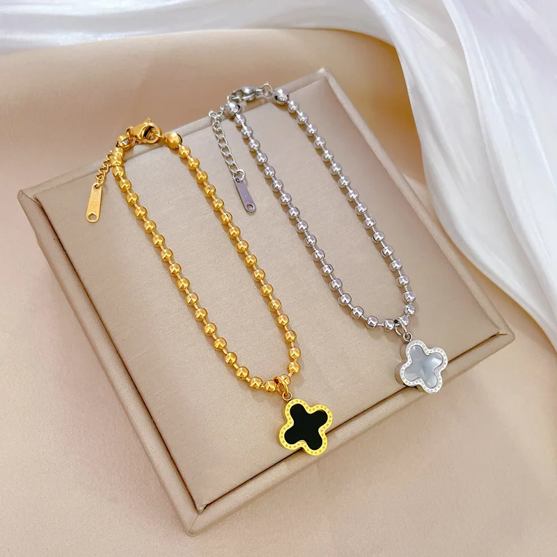 Gold Plated Ball Chain Bracelet Lucky Double-sided Stainless Steel Four Leaf Clover Bracelet for Women Girls