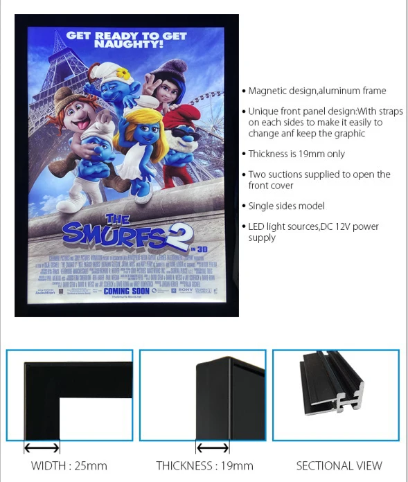 Customized Indoor Advertising Led Movie Posters Light Box Magnetic Aluminum Frame Slim Led Light Box