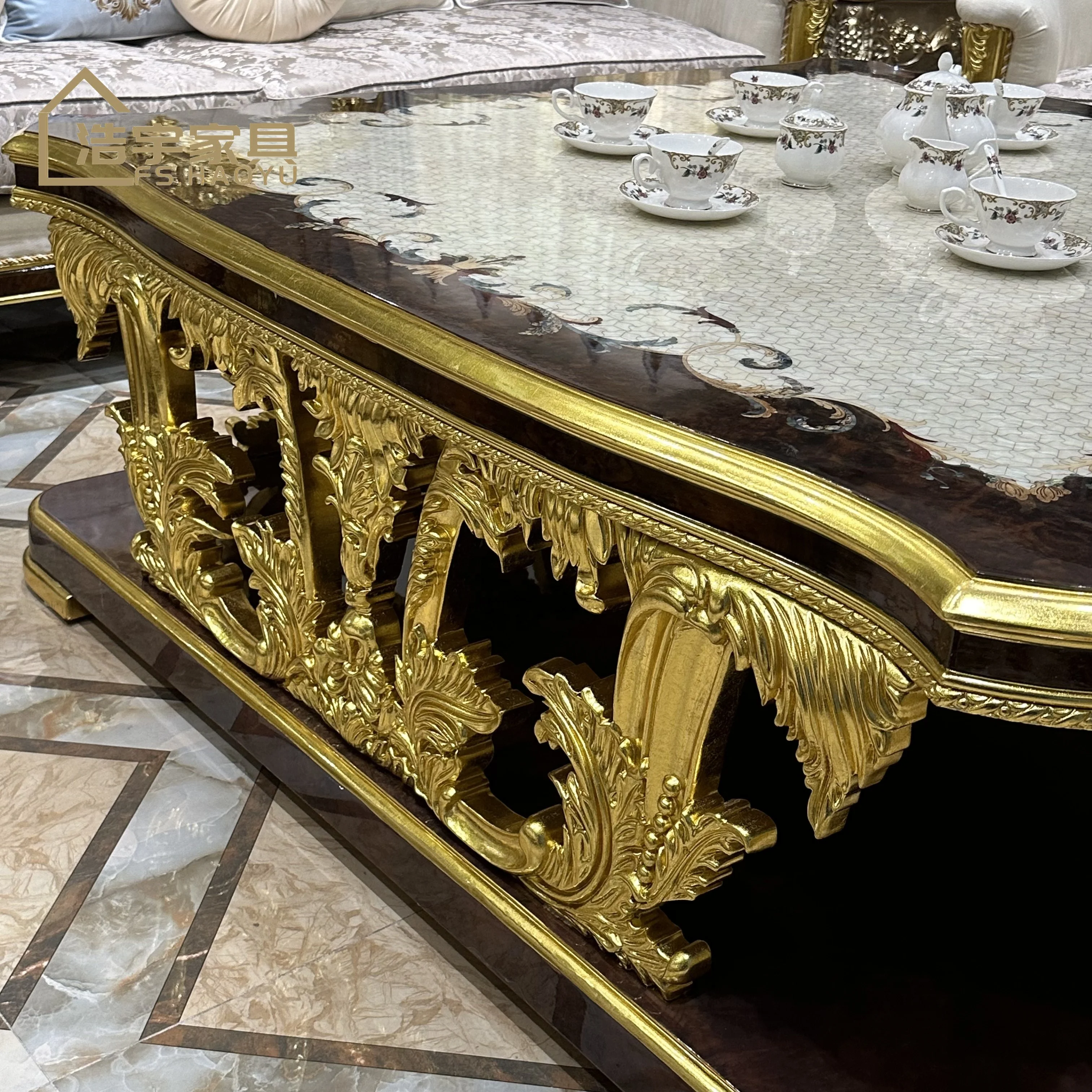 Custom pattern top center table royal luxury classic hand carving solid wood gold oak square coffee table sets living room