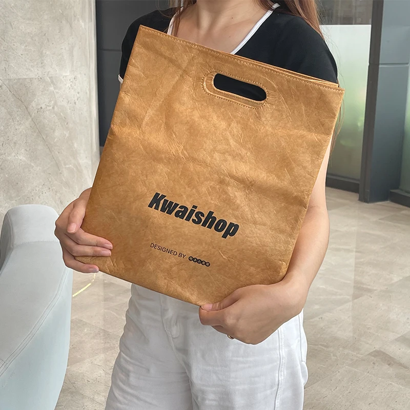 Simple large capacity brown Dupont paper flat tote bag Mobile phone magazine daily necessities Tote bag Shopping handbag