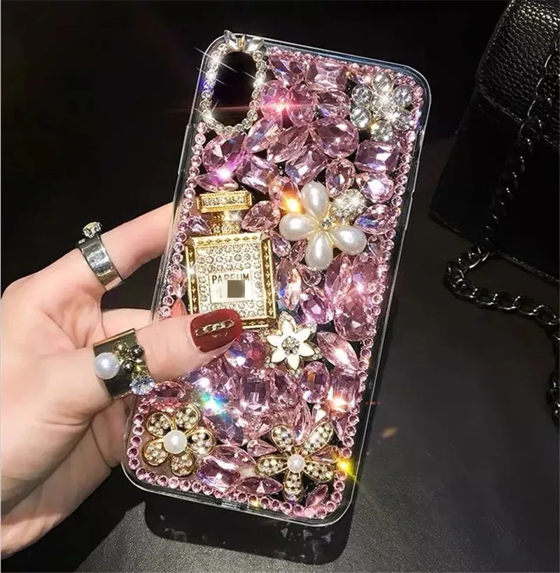 Fashion Bling Glitter Diamond Rhinestone Phone Cases For iphone 14 13 Pro Max Perfume Bottle Flower Gemstone Soft TPU Back Cover