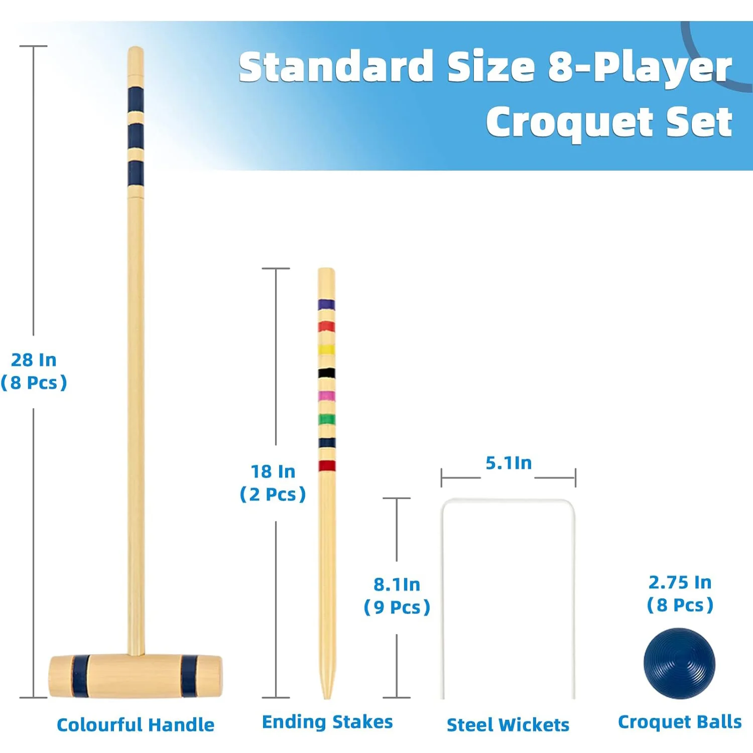 Family Fun for Backyards with Colorful Mallets PE Balls Wickets Stakes Carrying Bag Croquet Party Set for 8 Players