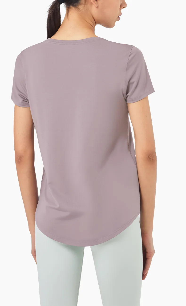 woman yoga gym loose t shirts round collar short sleeve top fitness sports high-elastic T-shirt curved hem