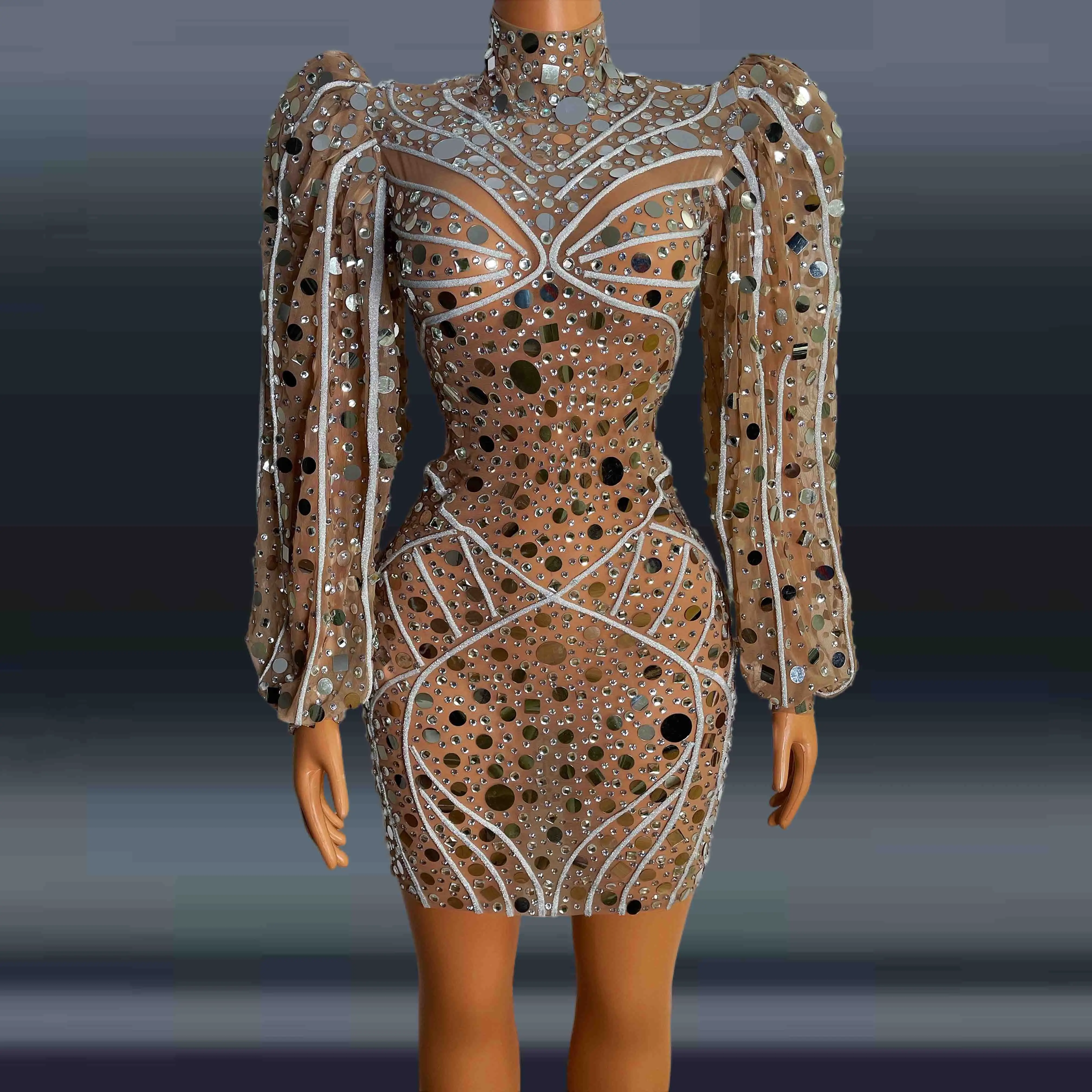 Novance Y2135 Alibaba New Products Champagne Evening Dress Puff Sleeve Pattern Print Birthday Party Rhinestone Party Mini Dress