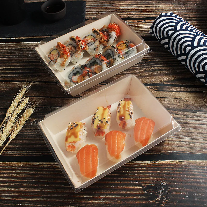 Trapezoidal Shape Customized Logo Printing Food Grade Wooden Sashimi Box Sushi Takeaway Box