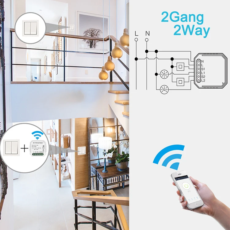 Tuya 2Gang 2 Way Wifi Smart Light LED Dimmer Switch Module For 2Lights