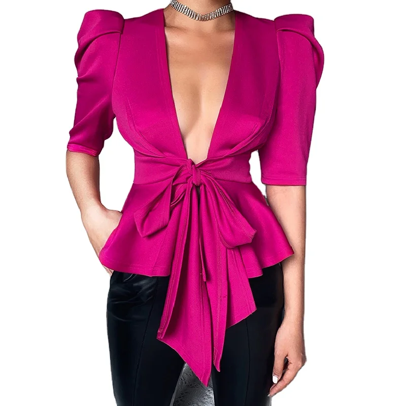 2022 Hot Sale V-neck  Bow Tie Waist Controlled Puff Sleeve Women Tops Solid Color Slim Fit Elegant  Blouses