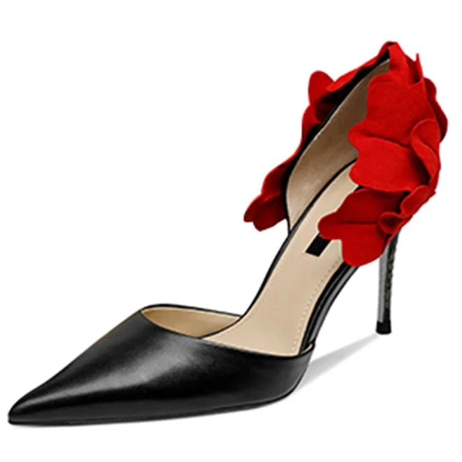 Custom Logo Large Size New Arrivals Nightclub Silk Red Sexy Back Flower Heel Dress Shoe Pointed Toe Thin High Heel Women Pumps
