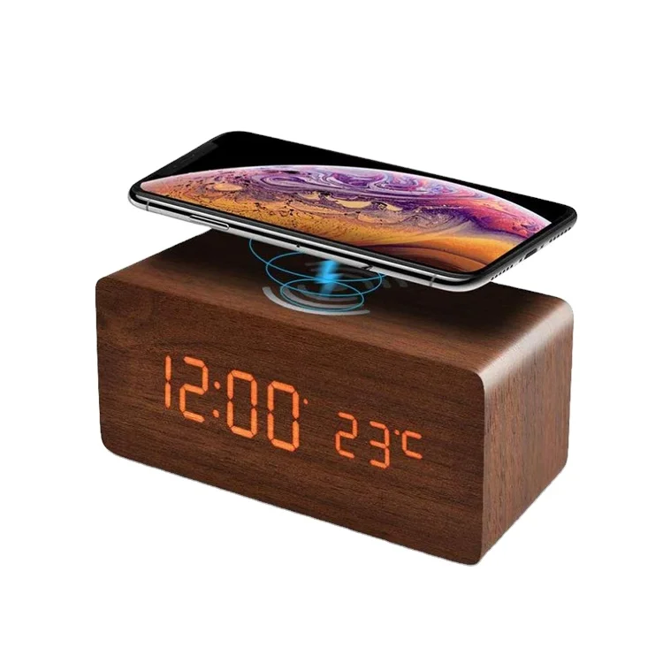 new Qi wireless phone charging alarm clock wooden digital LED table clock promotional gift wood desktop table clock