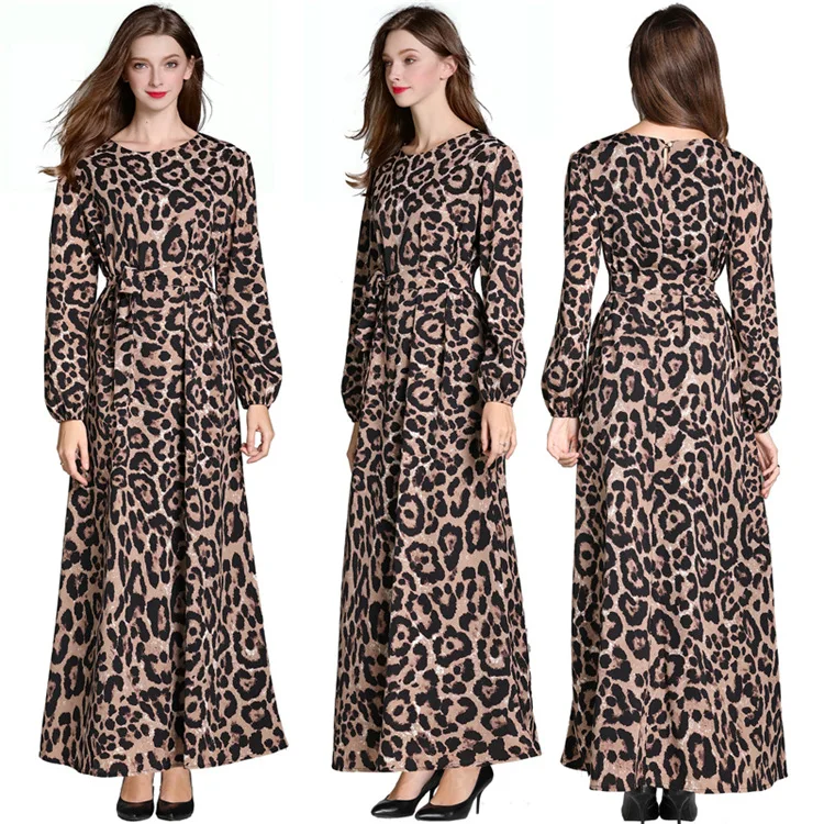
KEYIDI Islamic Dubai Muslim Women Leopard long Dress With Belt 