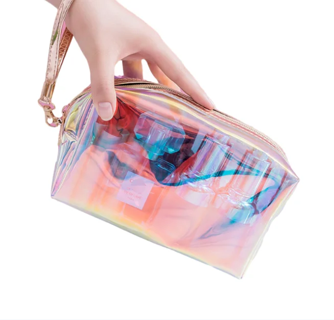 Low Moq Custom Logo Clear Transparent Holographic Makeup Bag Make Up Pouch Pvc Cosmetic Bags