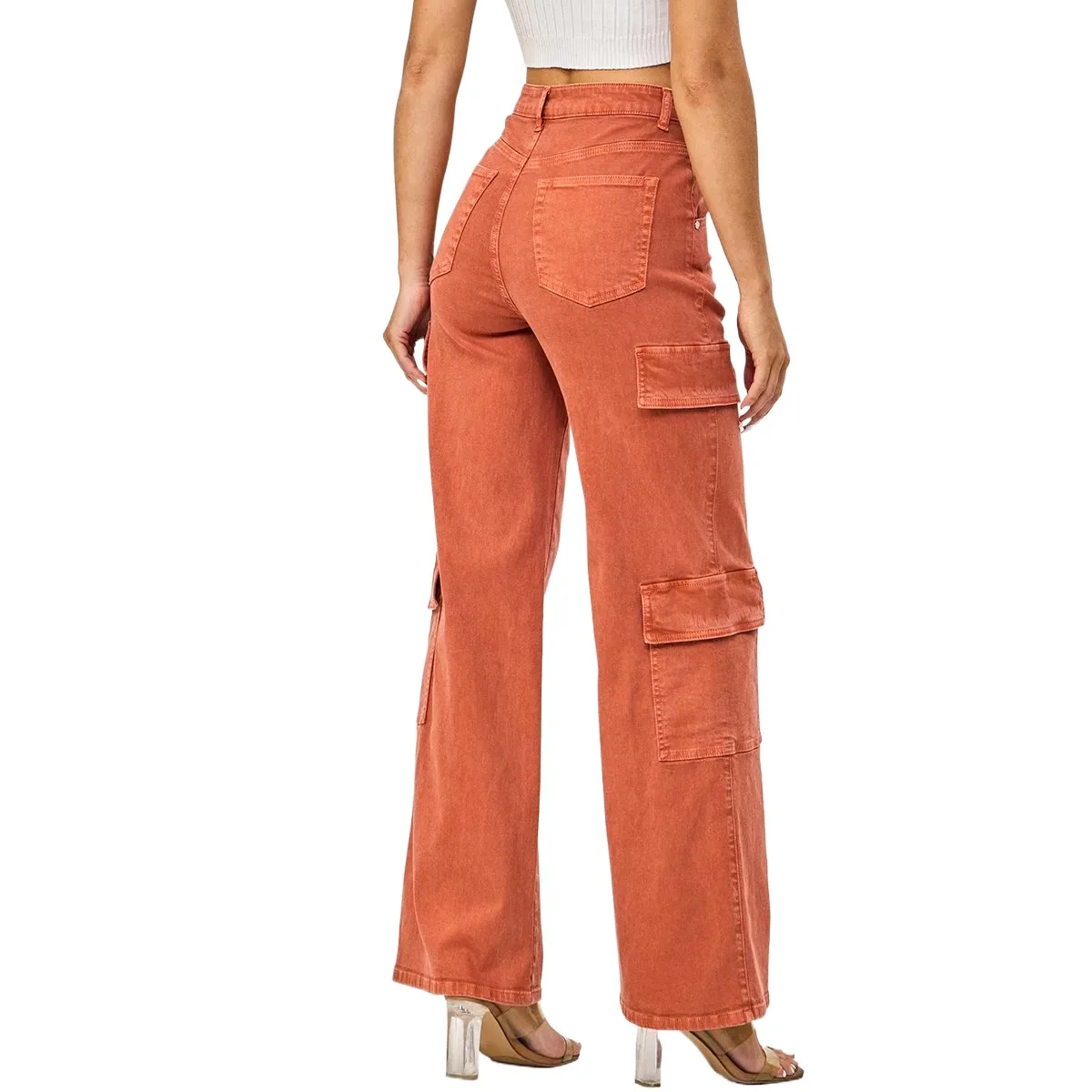 Hot Selling Female Brown High Waisted Wide Leg Jeans for Women Customized Pocket Cargo Pants