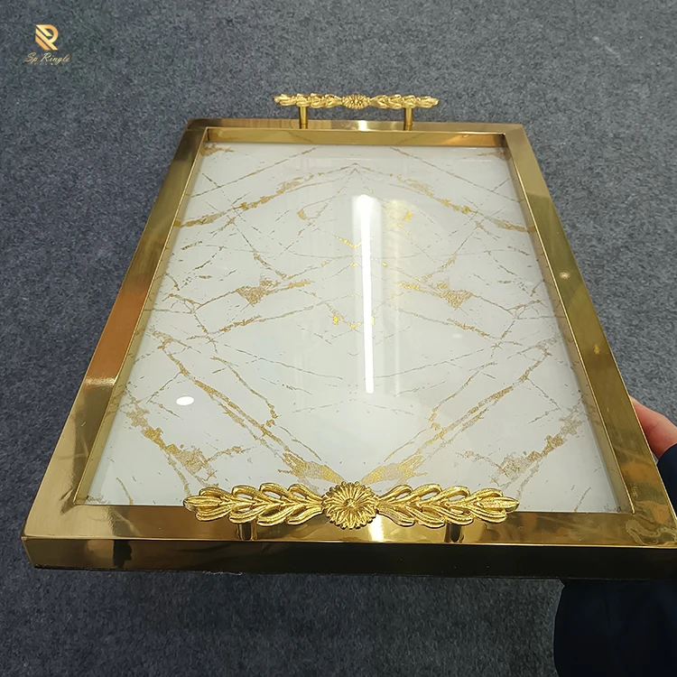 Springletile brand white gold texture tray luxury golden frame design living room interior decorative table tea storage trays