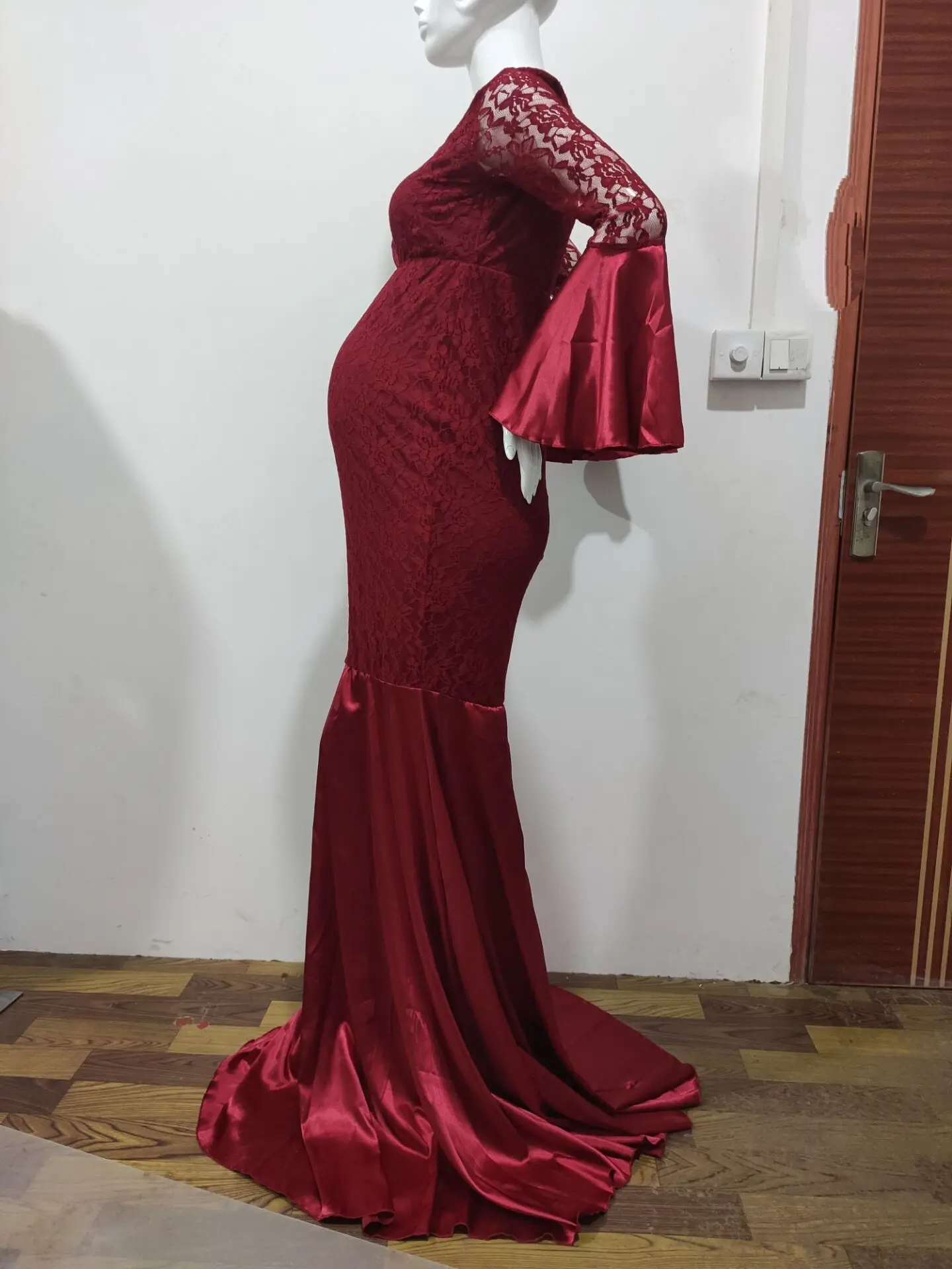 Maternity Baby Shower Dress O-Neck Long Sleeve Lace splicing Maxi Gown Pregnant Women Fancy Photo Shoot Photography Prop Clothes