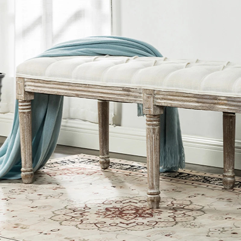 Amazon Hot Sale Vintage Beige Linen Upholstered Solid Wood Bed Shoe Seating Wooden Long Bench Stool Ottoman