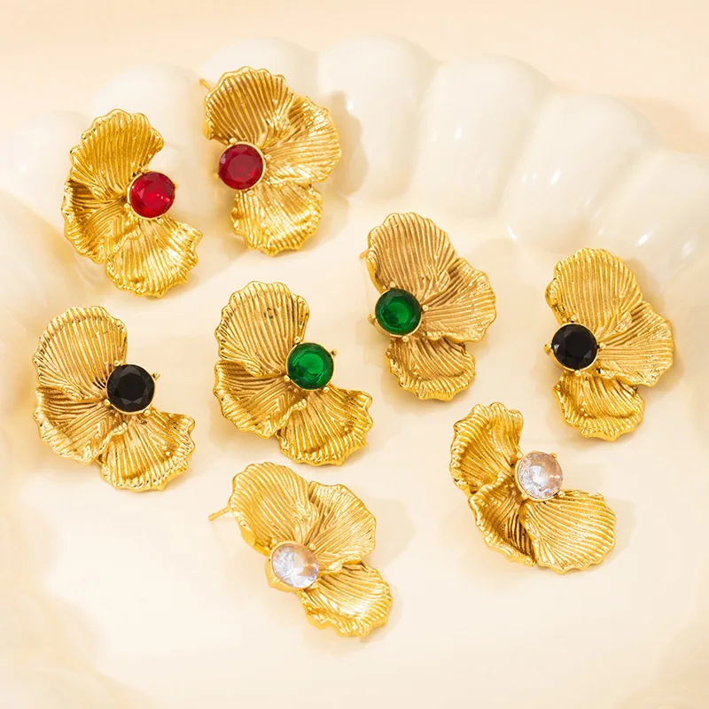 Skin Safe Vintage New Natural Emerald Green Stone Earrings Female Stainless Steel Gold Flower Earrings Factory Low Price