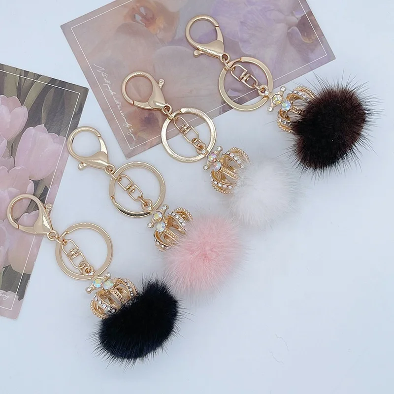 2022  Mink Hair Ball Pompom Crown Diamond  Keychain Lady Bag Accessories Metal key chain  Gift Bag Decoration Pendant