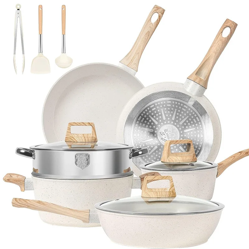 Custom 12-piece white granite medical stone die-cast aluminum non-stick frying pan soup pot kitchen induction cooker set