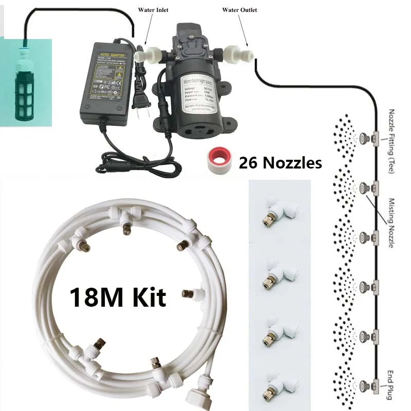 Mushroom Growing Room Low Pressure Water Mist Cooling System Misting Sprayer Kit 18M Pipe 26 Tees Pump ABS Carton Garden 12V