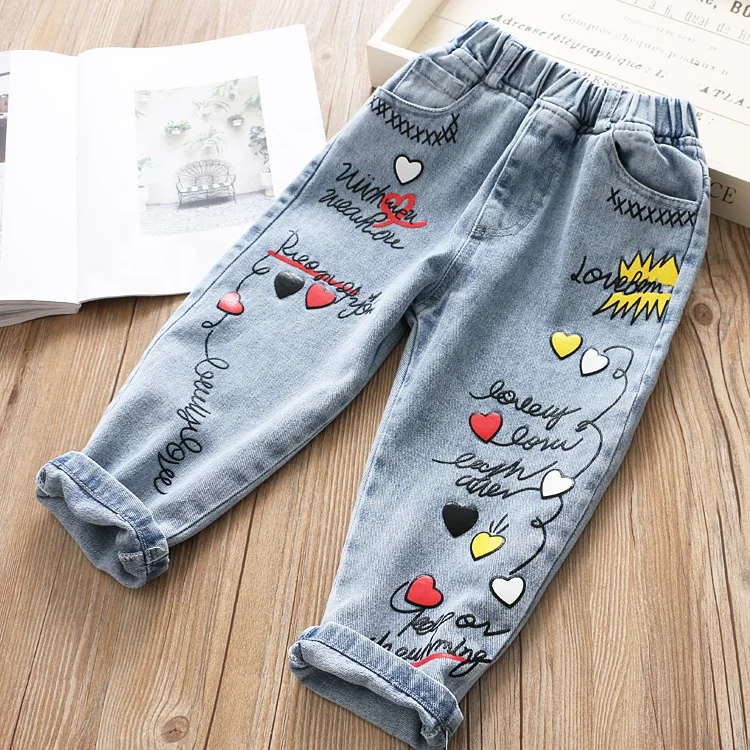 2020 Girls Jeans New Korean Youth Embroidered Jeans Print Heart Shaped Fashion Jeans Girls Clothing