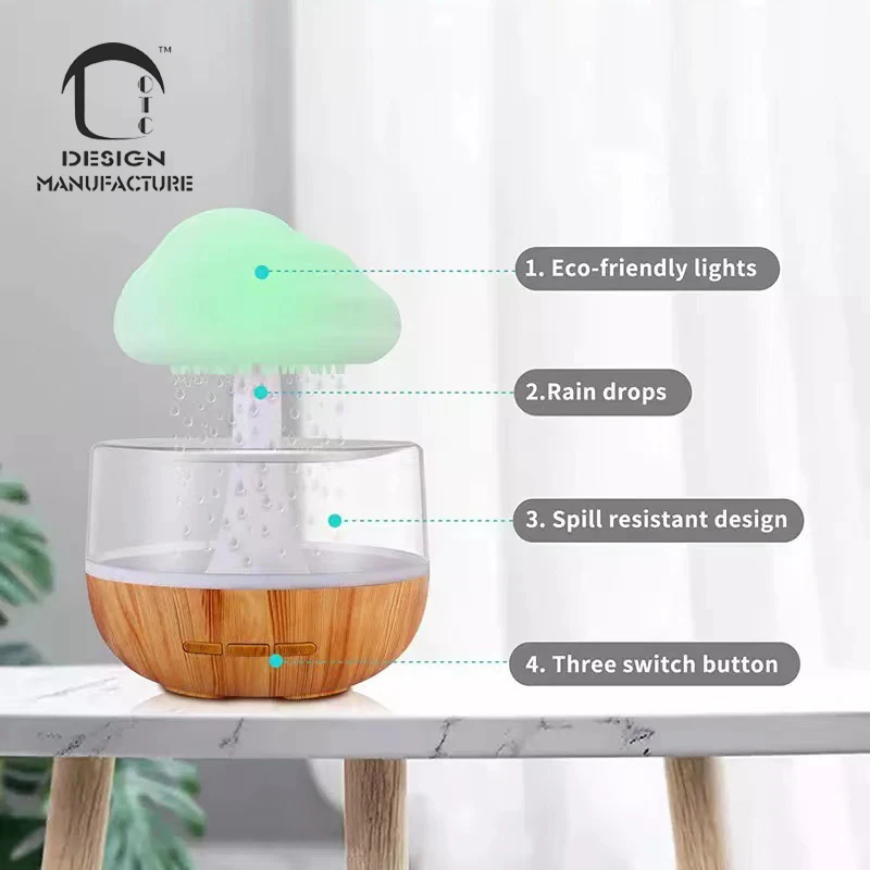 CE ROHS cute household raining water lamp mushroom Battery night light aroma essential oil rain cloud 280ml humidifier diffuser