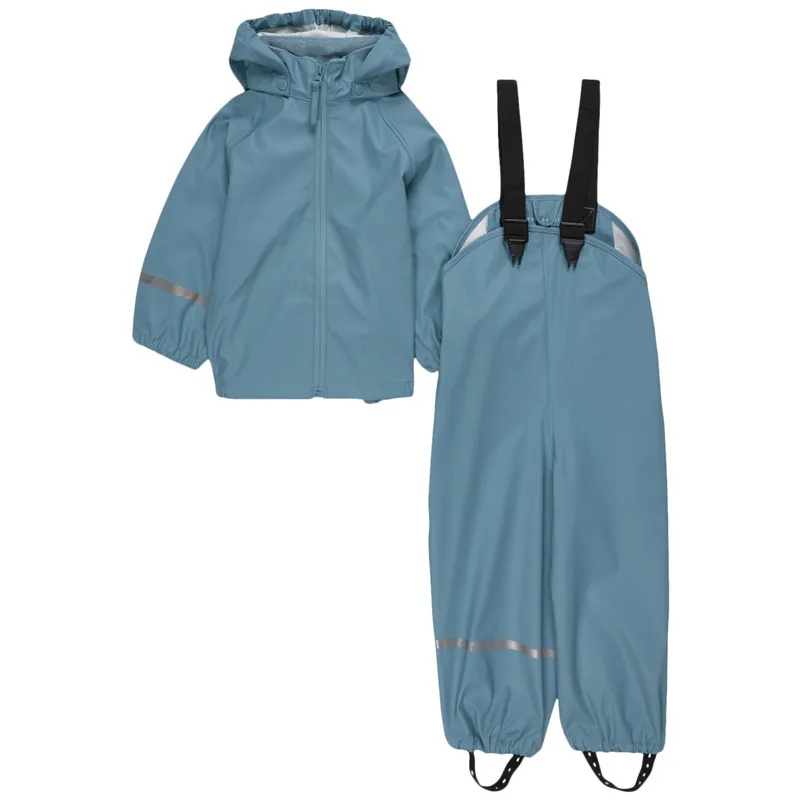 2022 waterproof children boys girls PU recycled rain jacket and trousers set reusable rubber kids pu rainwear