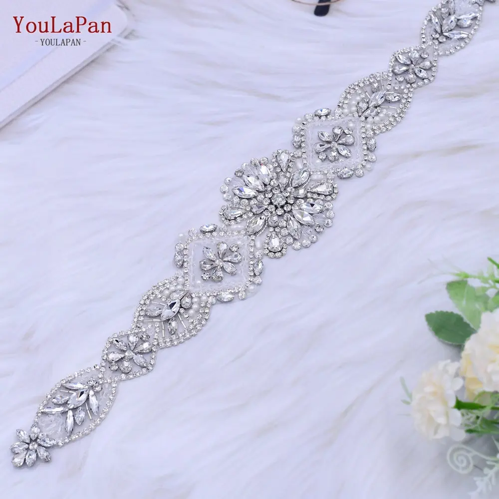 YouLaPan S433 European and American Popular Wedding Belt Silver Rhinestone Crystal Applique Waist Decoration Bridal Ribbon Belt