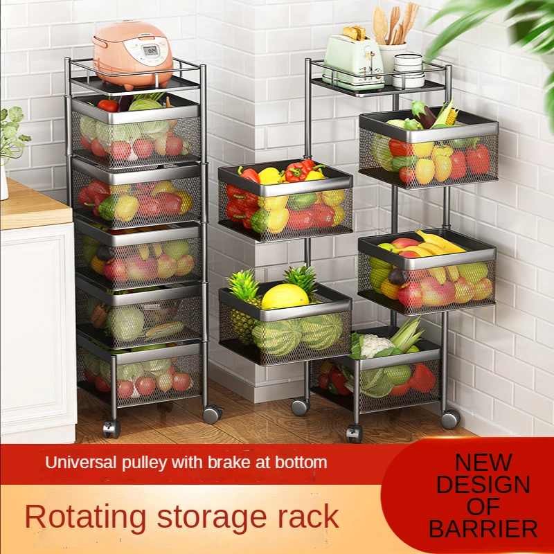 Rotating Kitchen Fruit Vegetable Shelf 3/4/5 Layer 360 Household Storage Rack Black Square Fruit Trolley