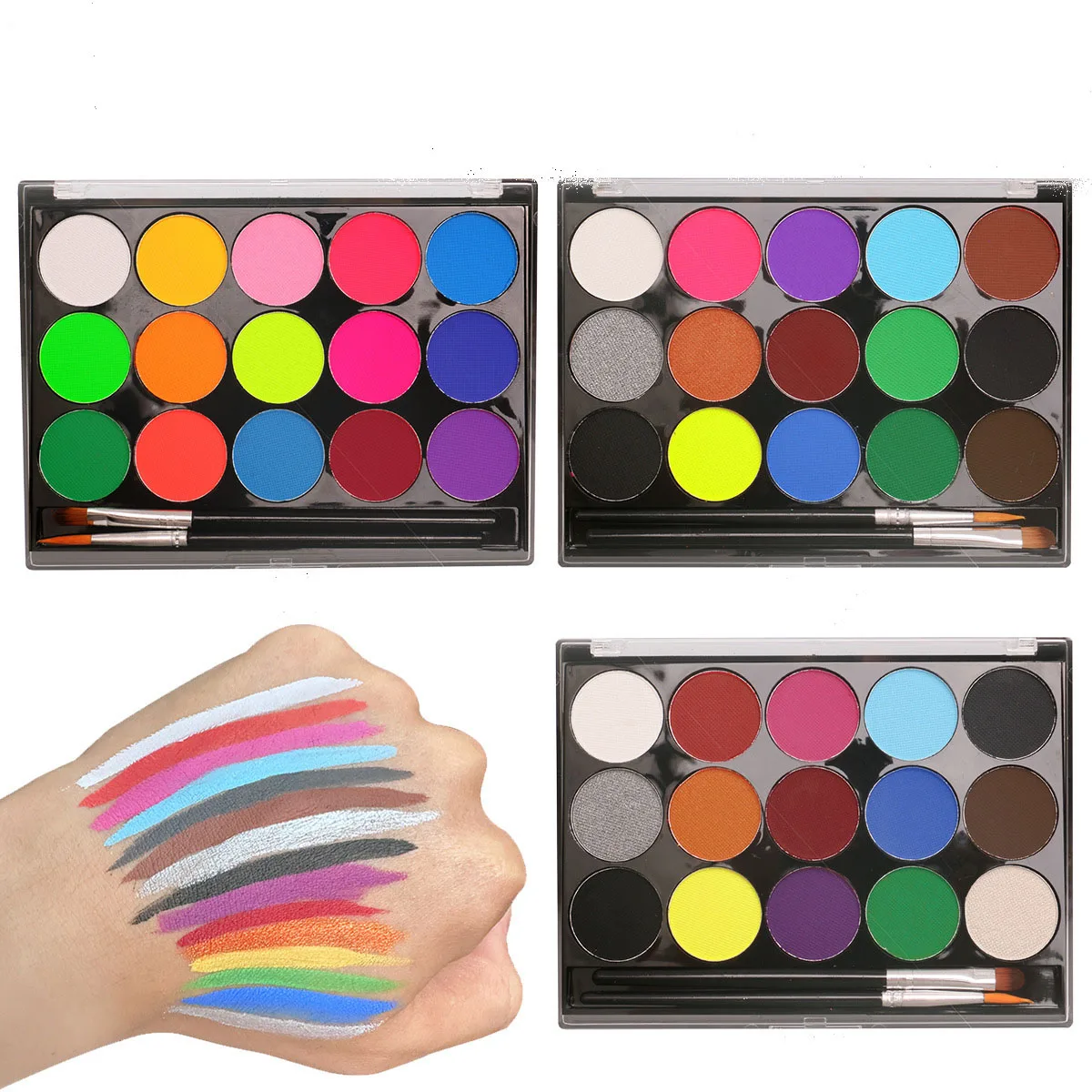 15 Colors Face& Body Paint Pigment Kit With 2 Brushes Water Soluble Drama Face Paint Pigment, Quick-drying Face Makeup Paint
