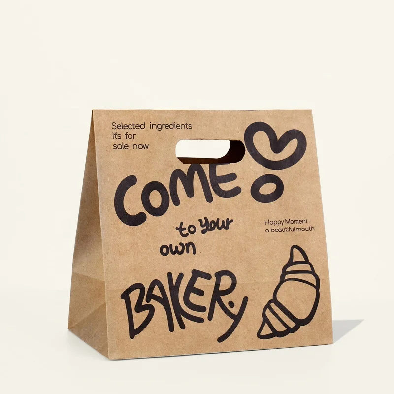 Wholesale custom portable kraft paper bag bakery bread cake dessert takeaway packaging bag printing logo