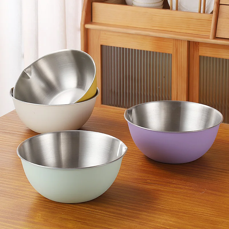 Wholesale Round 20Cm 26Cm 30Cm Stainless Steel Mixing Bowl Anti-Scalding Home Kitchen Green Silver Colorful Salad Serving Bowl