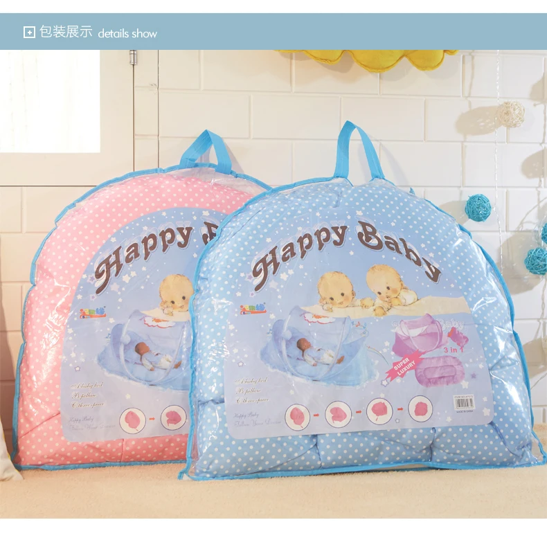 
Hot Sale Baby Foldable Blue Polka Dot Bed Mosquito Net With Sleeping Pad Pillow Baby Bedding 