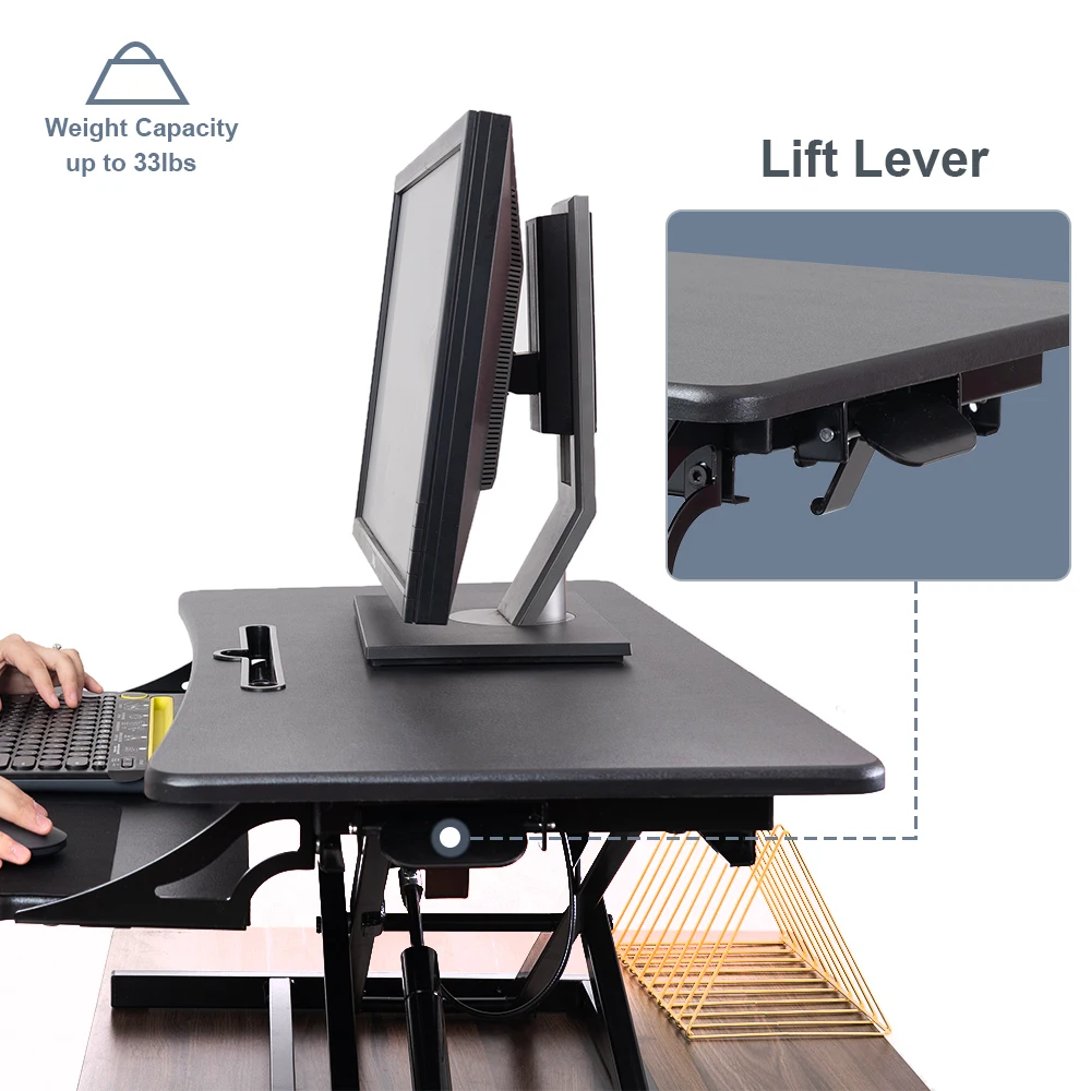 Height Adjustable Standing Desk Converter Stand Up Desk Riser Wide Black Home Office Desk for Dual Monitor Workstations